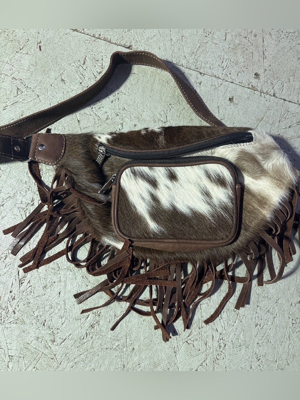 Brown and White Cowhide Fringe Crossbody Bag